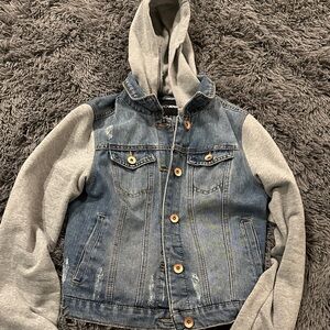Fashion Nova Denim and Gray Hooded Jacket